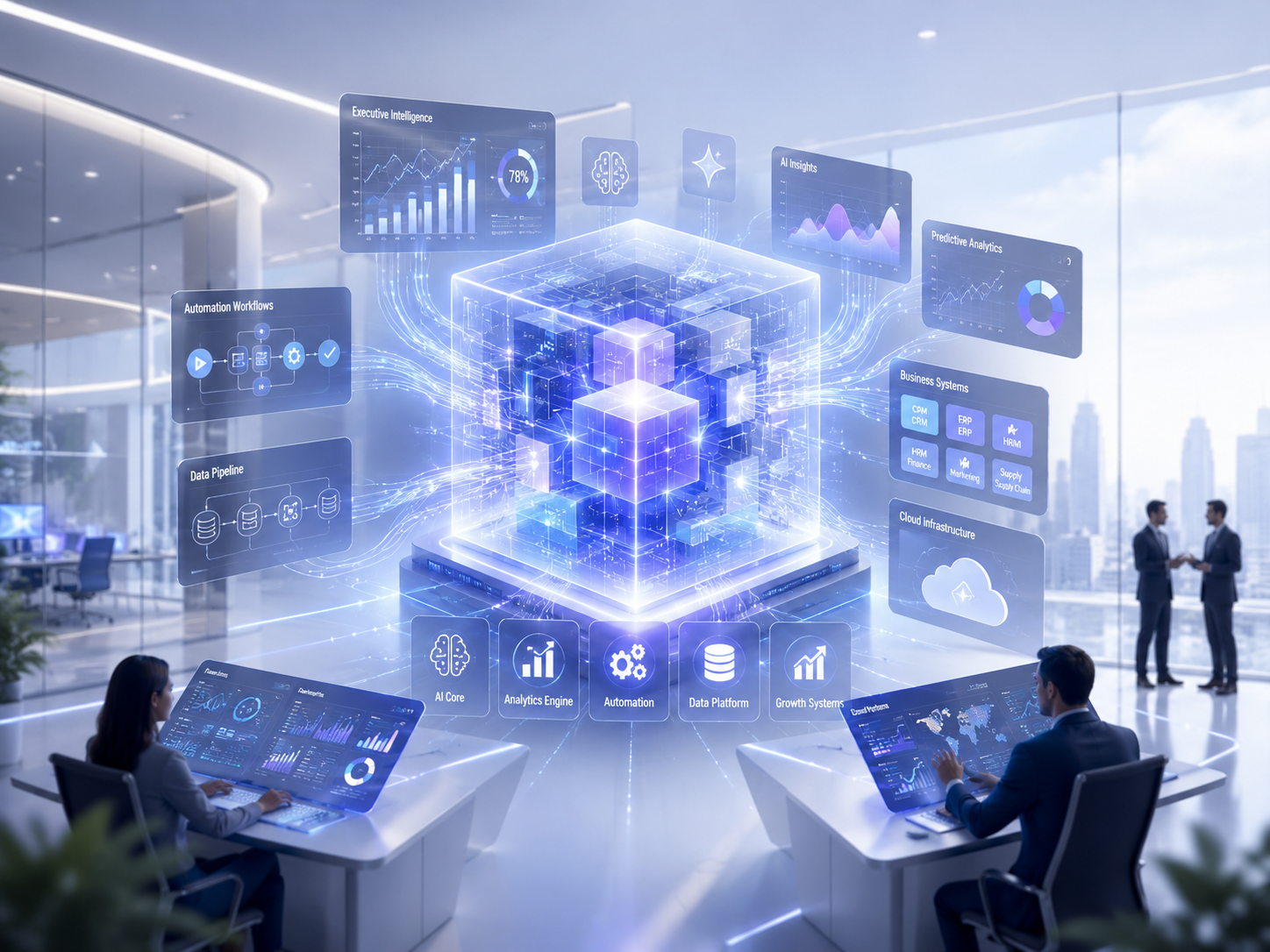 Nexalyze AI Intelligence Platform with executive dashboards, automation workflows, analytics engine and business systems