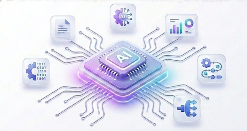 AI Automation Systems AI chip connected to workflow, analytics and automation icons
