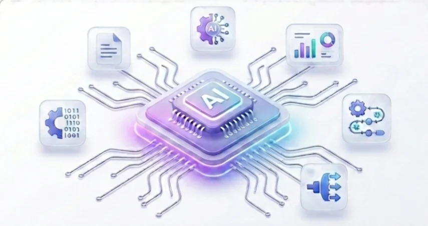AI Automation Systems AI chip connected to workflow, analytics and automation icons
