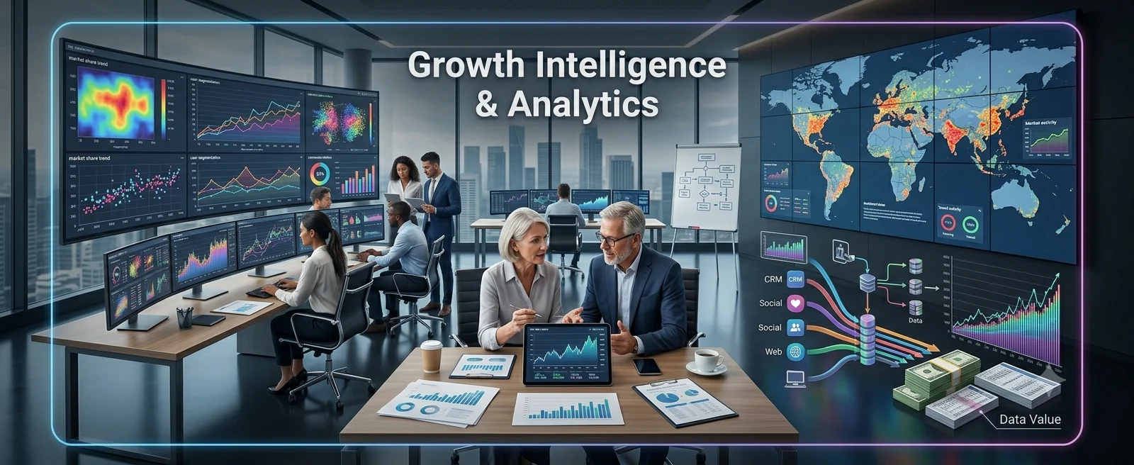 Growth Intelligence and Analytics command center with executive dashboards, revenue analytics and data value insights