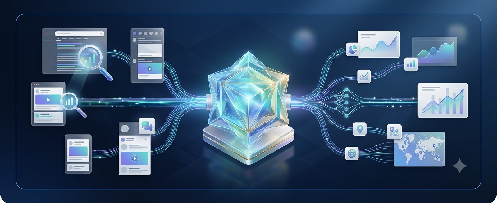 Search and AI Visibility Engine with connected discovery channels, content signals and growth analytics