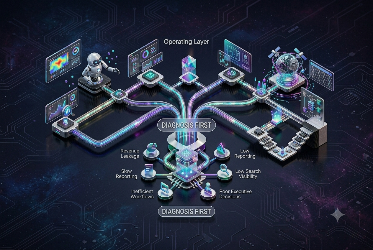 Nexalyze operating layer showing diagnosis first, connected AI agents, dashboards, automation blueprints and growth execution systems